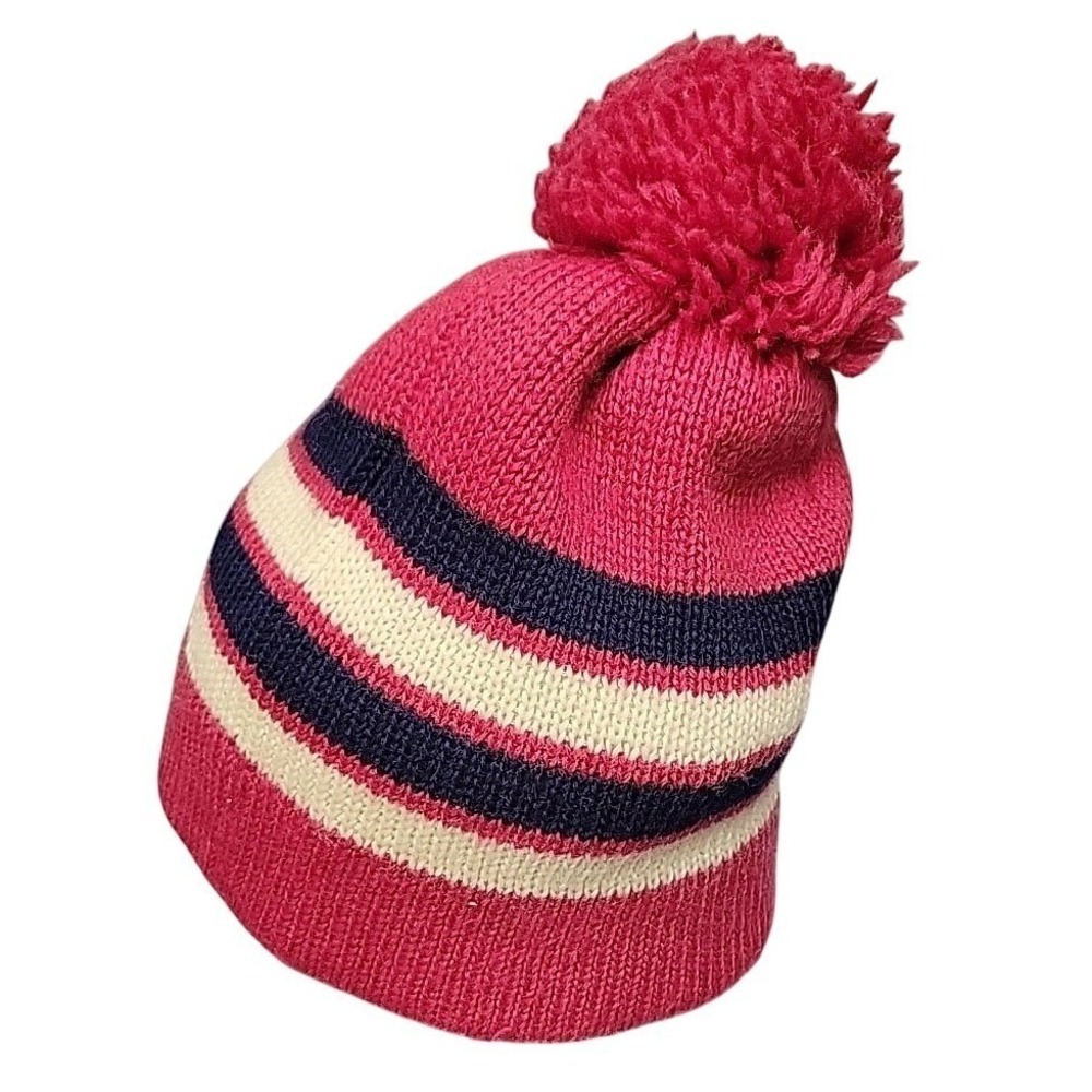 VTG Meister Beanie Unisex One Size Pink Striped Pom Pom Knit Wool Ski Winter Hat